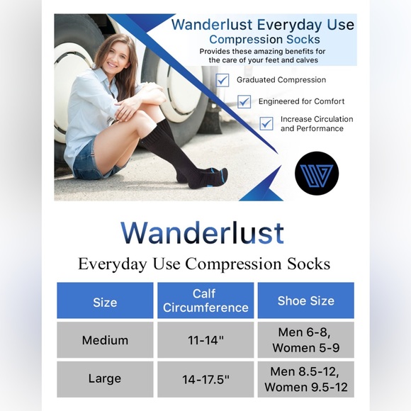 Wanderlust Unisex Everyday Use Compression Socks In Black New Sealed Bag Sz M - Picture 6 of 7
